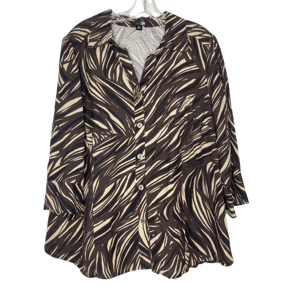 East 5th‎ Women's Blouse Size 1X Brown Tan Animal Print Pattern Linen Blend Top